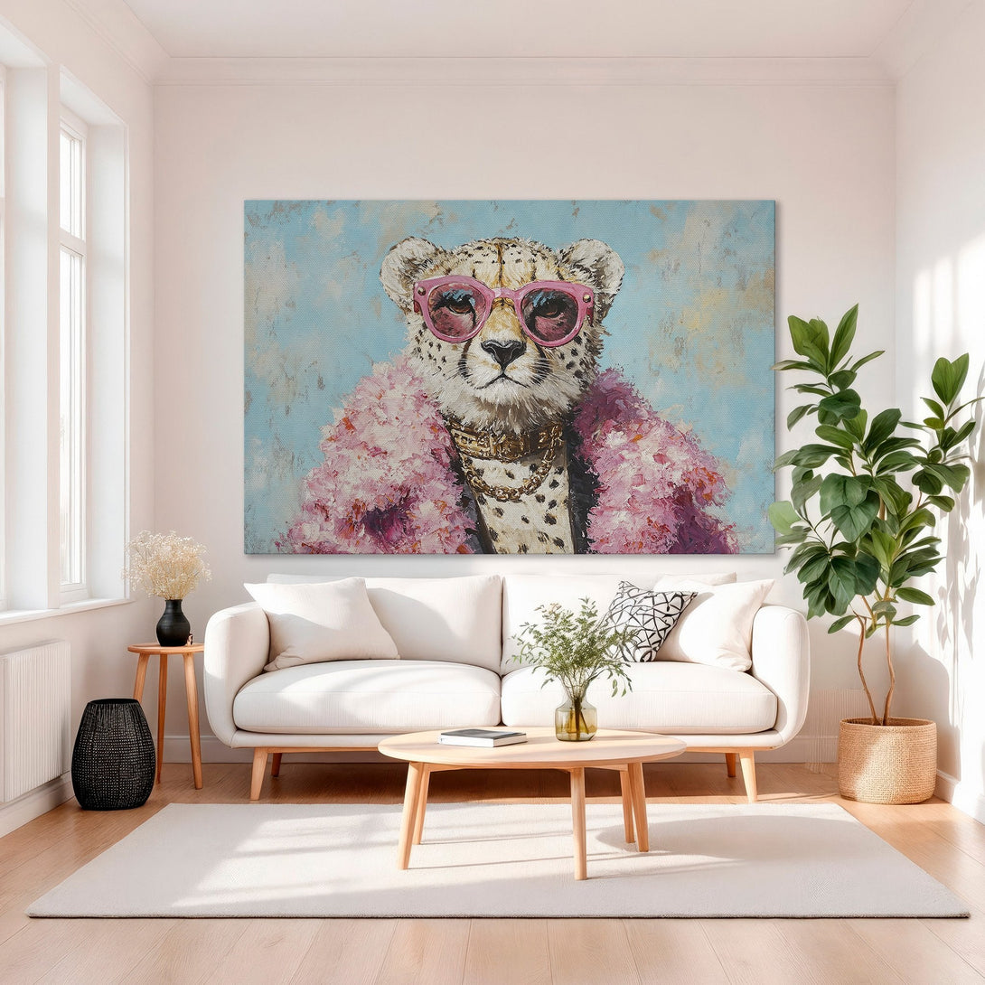 Framed Wall Art: Stylish cheetah portrait in pink & blue. Modern canvas print adds a pop of color to any room. Shop now!