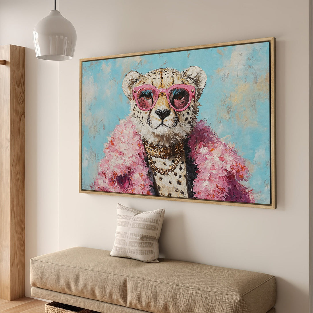 Framed Wall Art: Stylish cheetah portrait with pink accents on a blue background. Modern art for home decor.