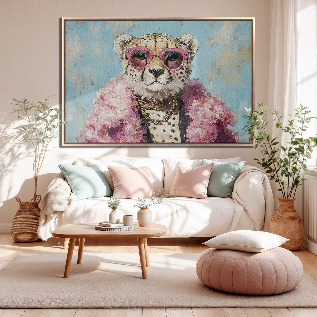Framed Wall Art: Stylish cheetah portrait in pink and blue. Add a touch of glam to your space with this unique canvas print!