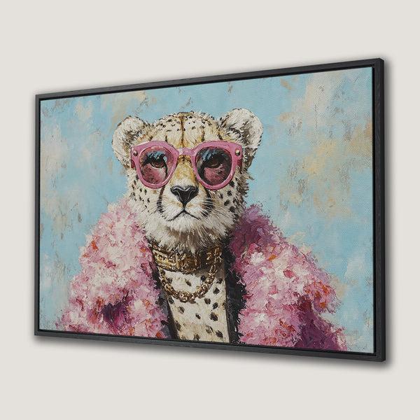 Framed Wall Art: Stylish cheetah wearing pink sunglasses & fur, painted in a vibrant pink & blue palette. Perfect for adding a touch of fun to your decor!