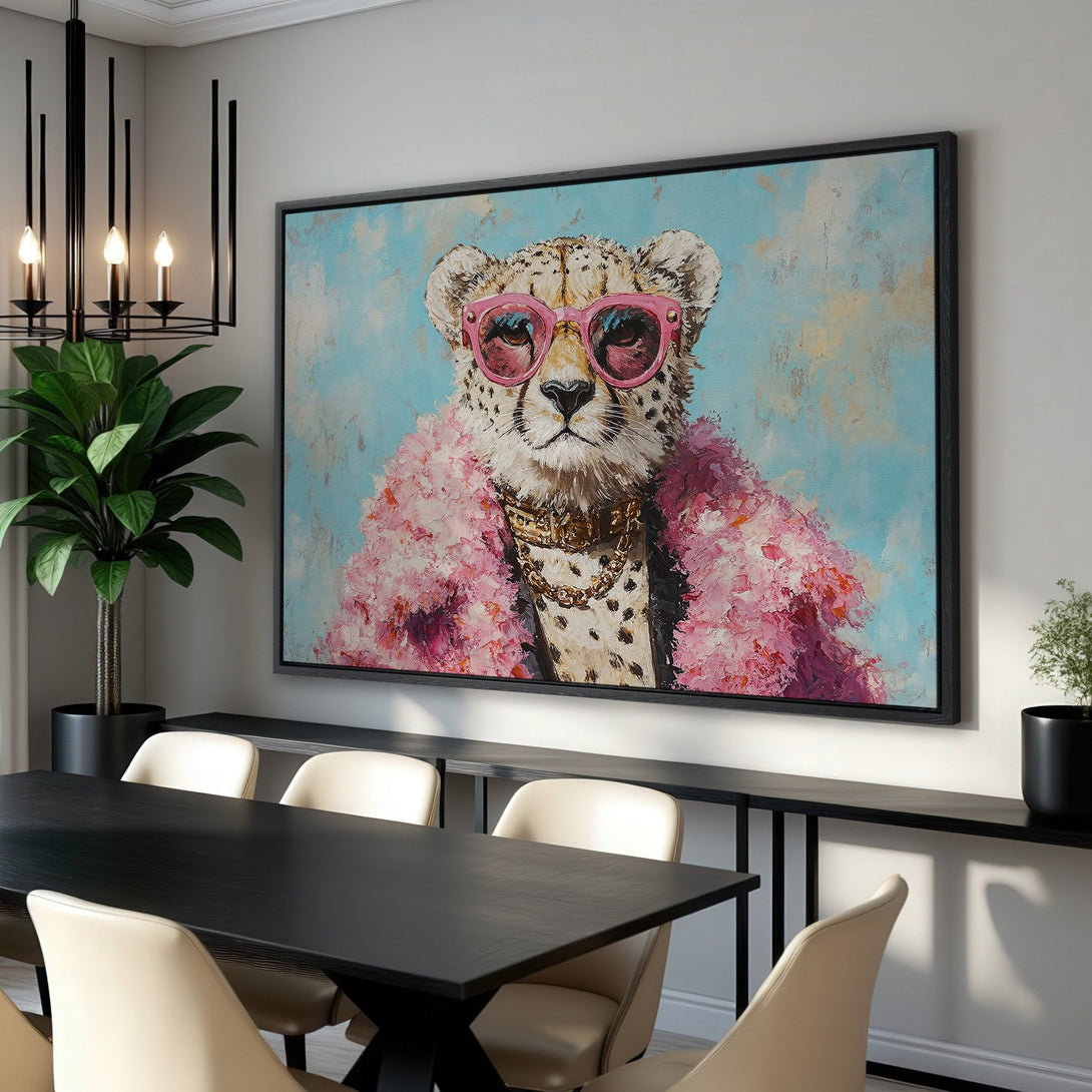 Framed Wall Art: Stylish cheetah portrait in pink and blue, perfect for adding a touch of fun to your home decor. Shop now!