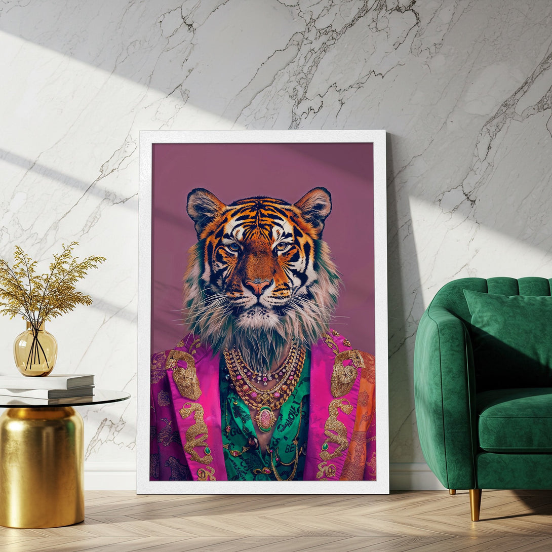 Framed Poster featuring a regal tiger in vibrant colors. Modern art with a bold pink, green, and orange palette. Add a touch of luxury to your space!