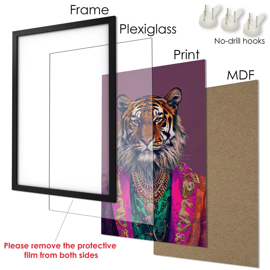 Framed Poster featuring a stylish tiger in vibrant colors. Perfect wall art for any room!