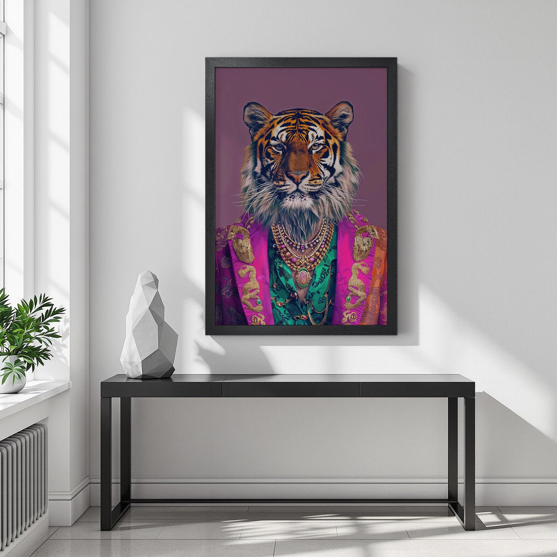Framed Poster featuring a regal tiger in vibrant colors. Modern art style with a purple, pink, and gold color palette. Perfect wall decor!