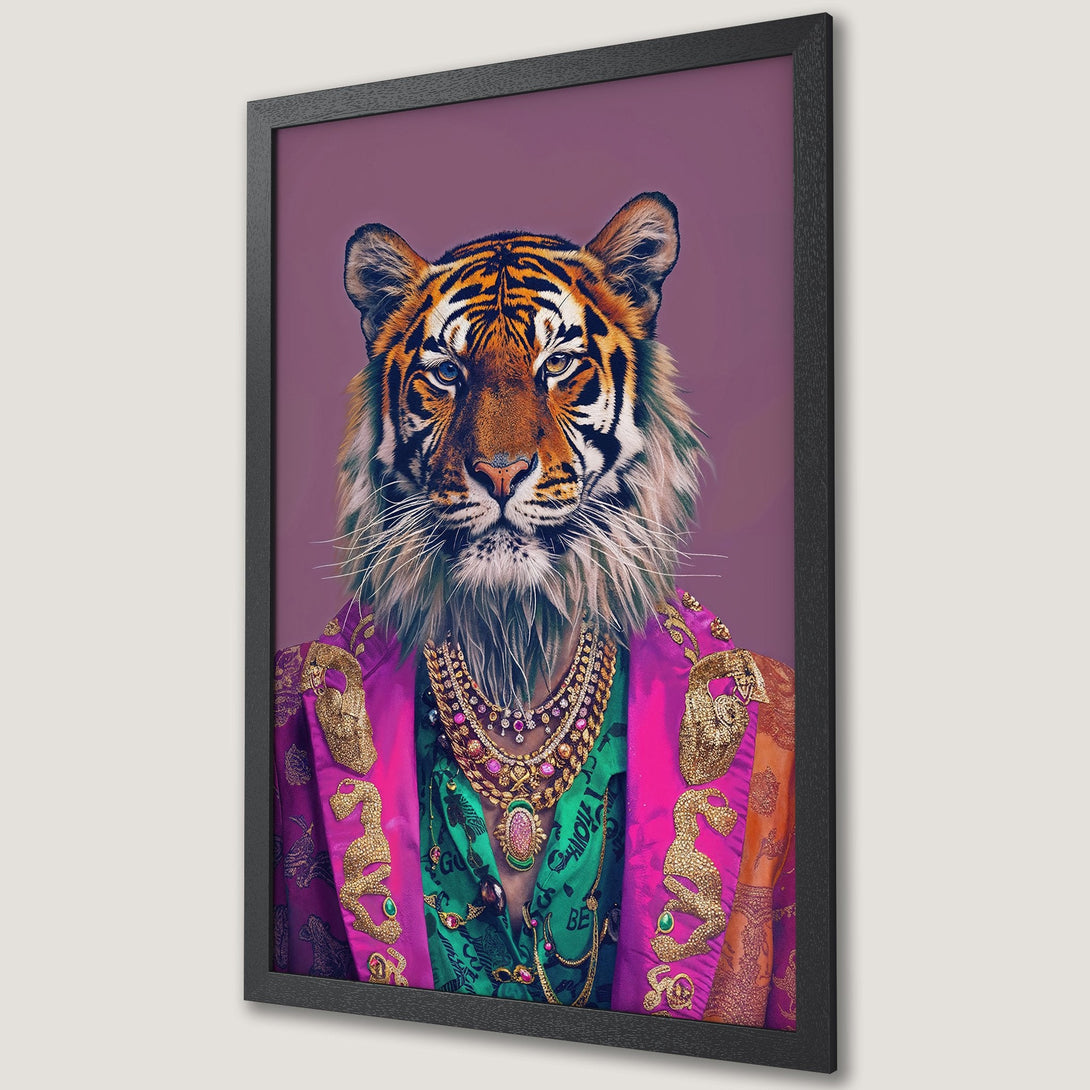 Framed Poster featuring a regal tiger wearing jewelry and clothing. Vibrant pink, gold, and green color palette, stylish and unique wall art.