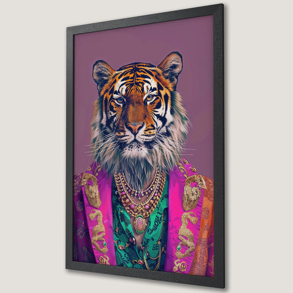 Framed Poster featuring a regal tiger wearing jewelry and clothing. Vibrant pink, gold, and green color palette, stylish and unique wall art.