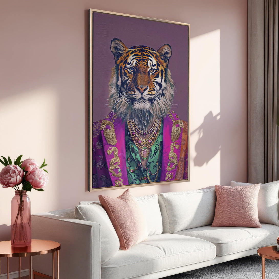 Framed Wall Art: Regal tiger portrait in a purple and gold color palette. Adds a touch of luxury to any space. Shop now!
