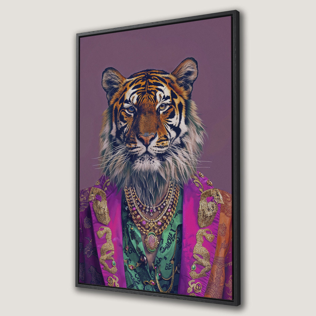 Framed Wall Art: Regal tiger portrait in vibrant purple, green, and gold. Bold animal art for a statement wall. Shop now!
