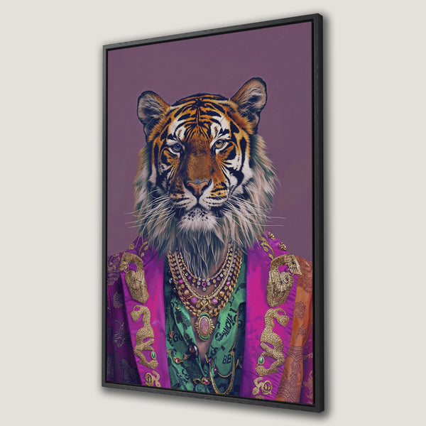 Framed Wall Art: Regal tiger portrait in vibrant purple, green, and gold. Bold animal art for a statement wall. Shop now!