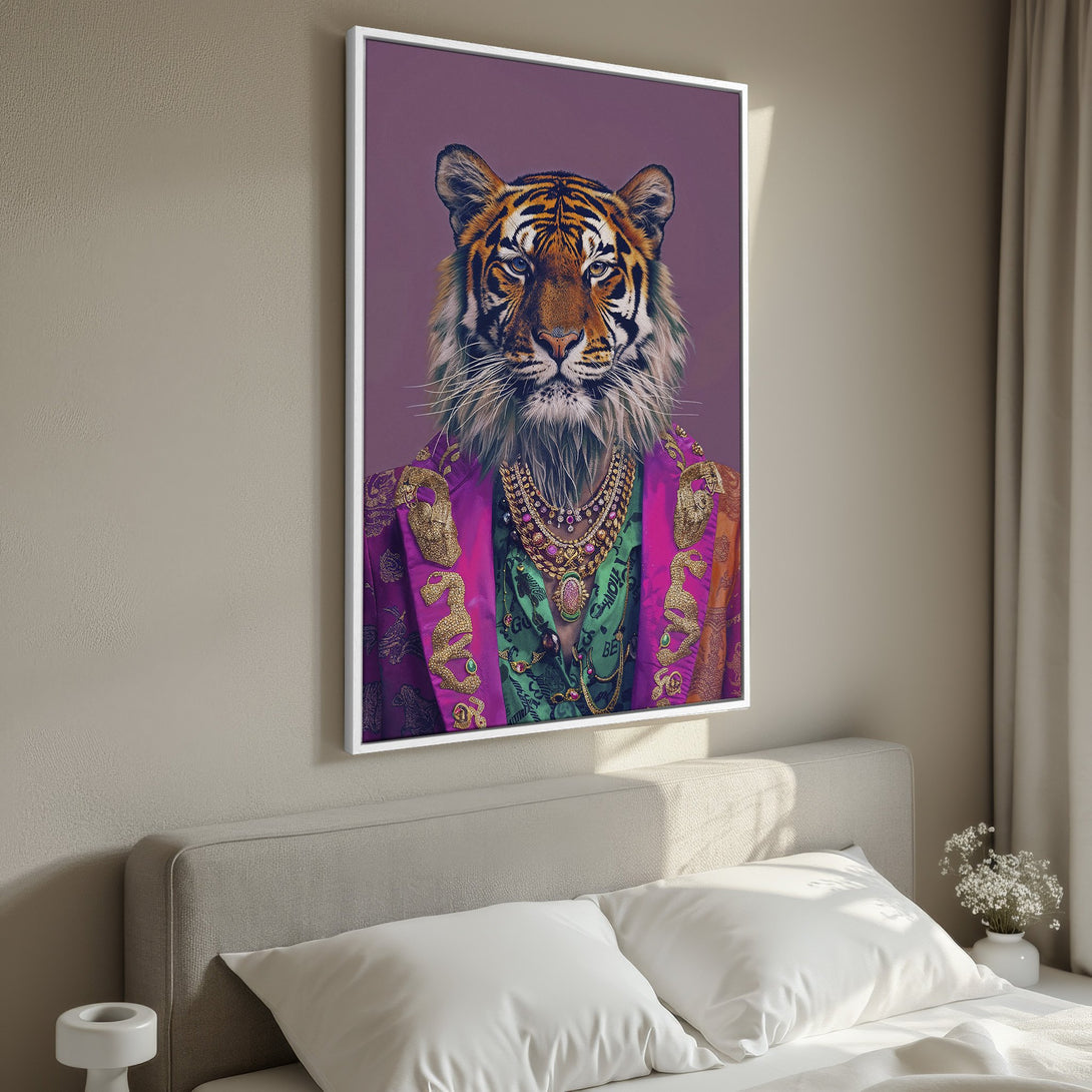 Framed Wall Art: Regal tiger portrait in a vibrant purple, green, and gold color palette. Unique animal art for a stylish home decor upgrade.