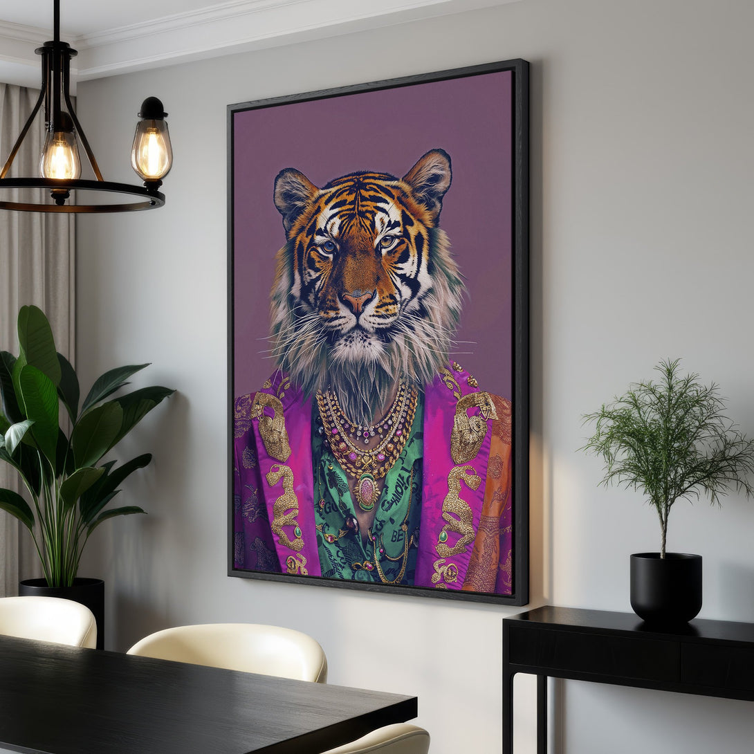 Framed Wall Art featuring a regal tiger in vibrant purple, gold, and green. Stylish animal portrait canvas print, perfect for adding a bold statement to your space.