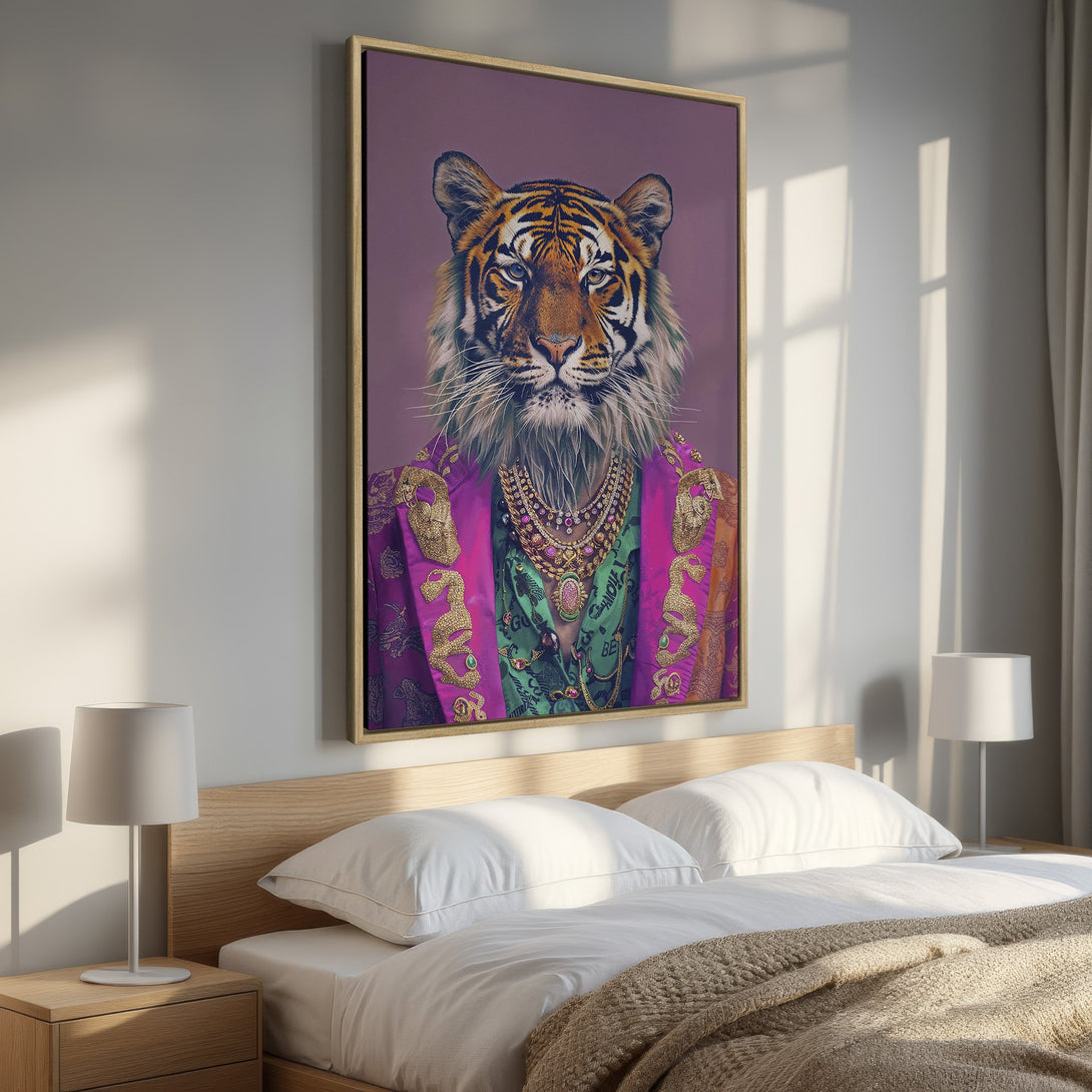 Framed Wall Art: Regal tiger portrait in vibrant purple, green, and gold. Modern, stylish canvas print for a bold bedroom statement.