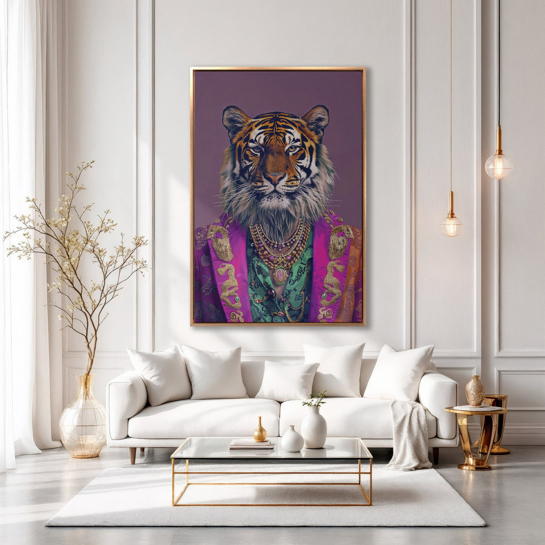 Framed Wall Art: Regal tiger portrait in vibrant colors. Modern decor with a touch of whimsy. Add a statement piece to your living room!