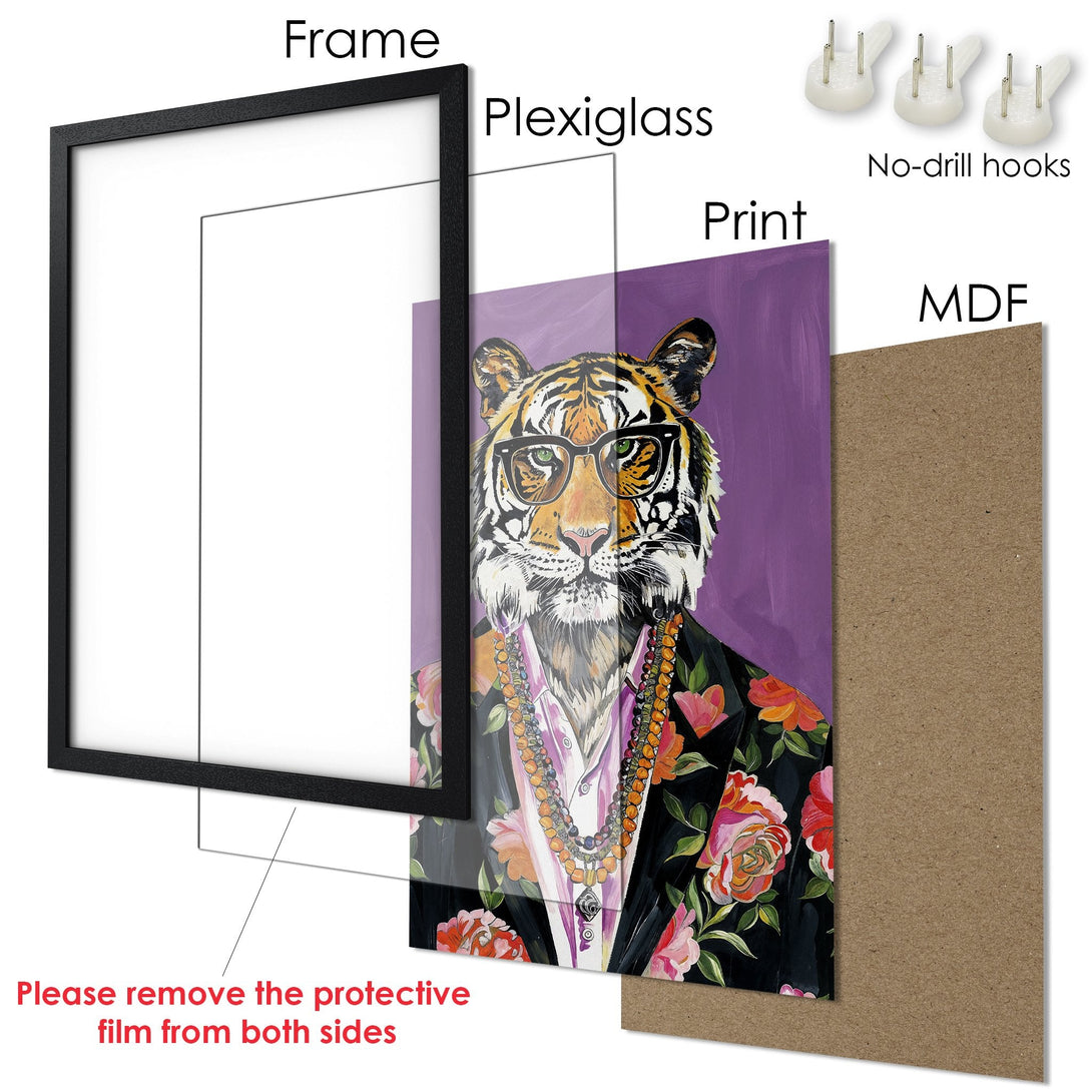 Framed Poster featuring a stylish tiger with glasses, vibrant colors, and a floral jacket. Perfect wall art!