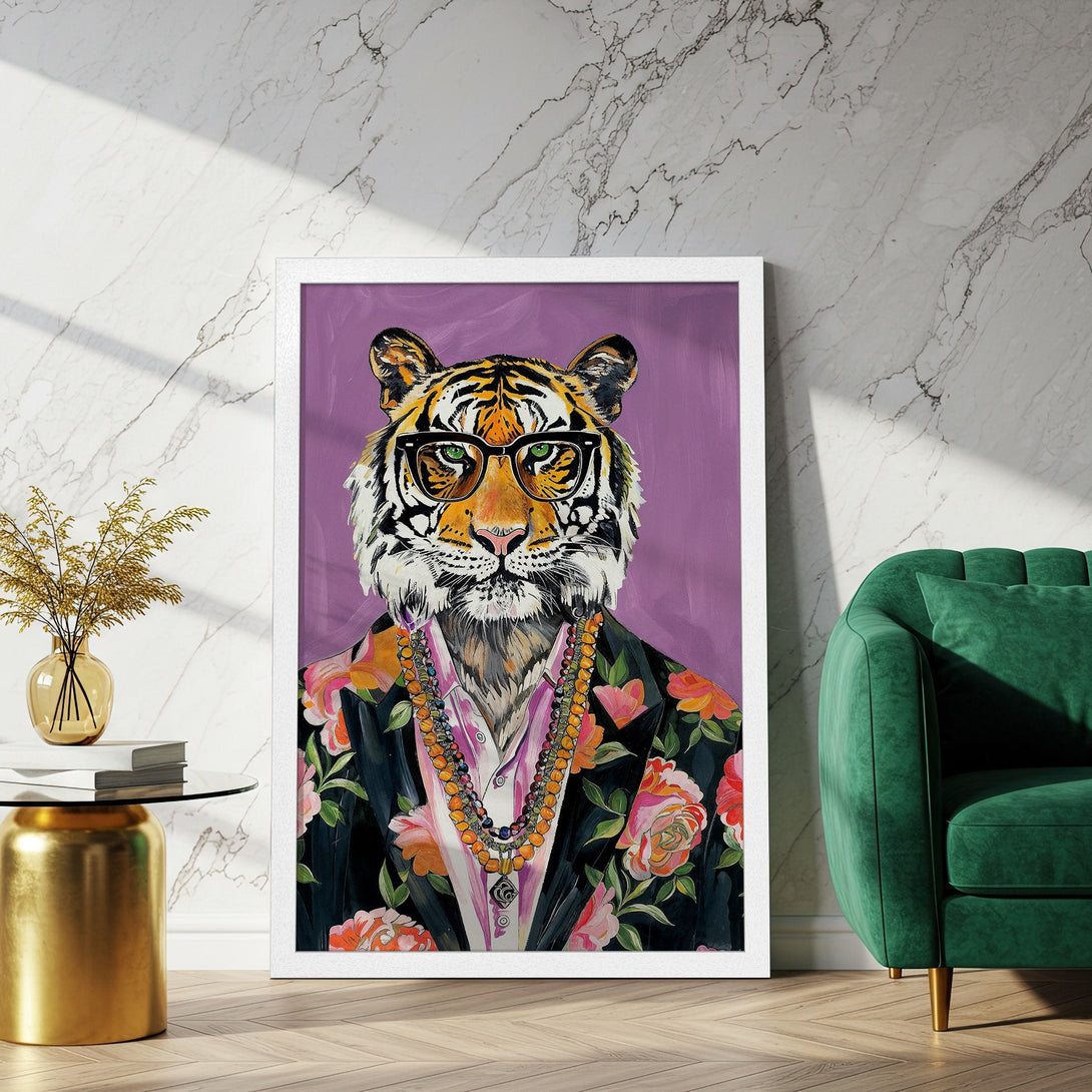Framed Poster featuring a dapper tiger in a floral jacket. Bold, colorful artwork with a purple and green palette, perfect for adding personality to your space.