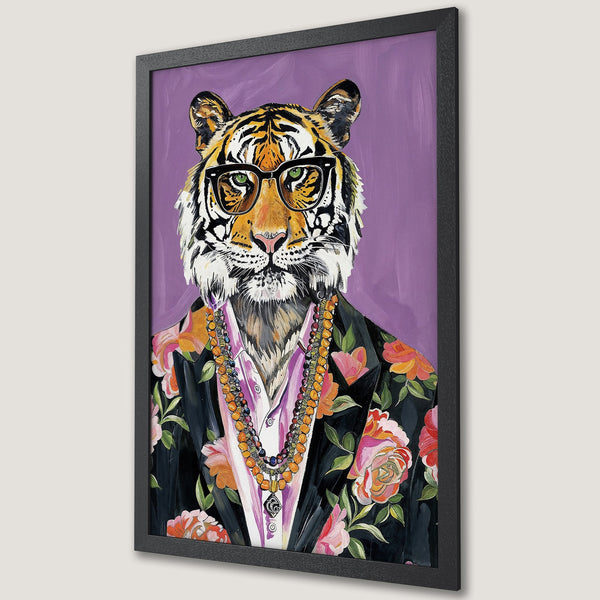 Framed Poster of a stylish tiger wearing glasses and a floral jacket, painted in a vibrant, colorful style with a purple background.