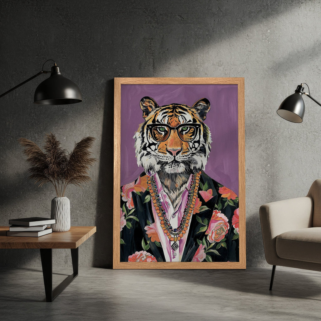 Framed Poster featuring a stylish tiger in a floral suit. Modern art with a vibrant color palette of purple, black, and orange. Add a touch of flair!