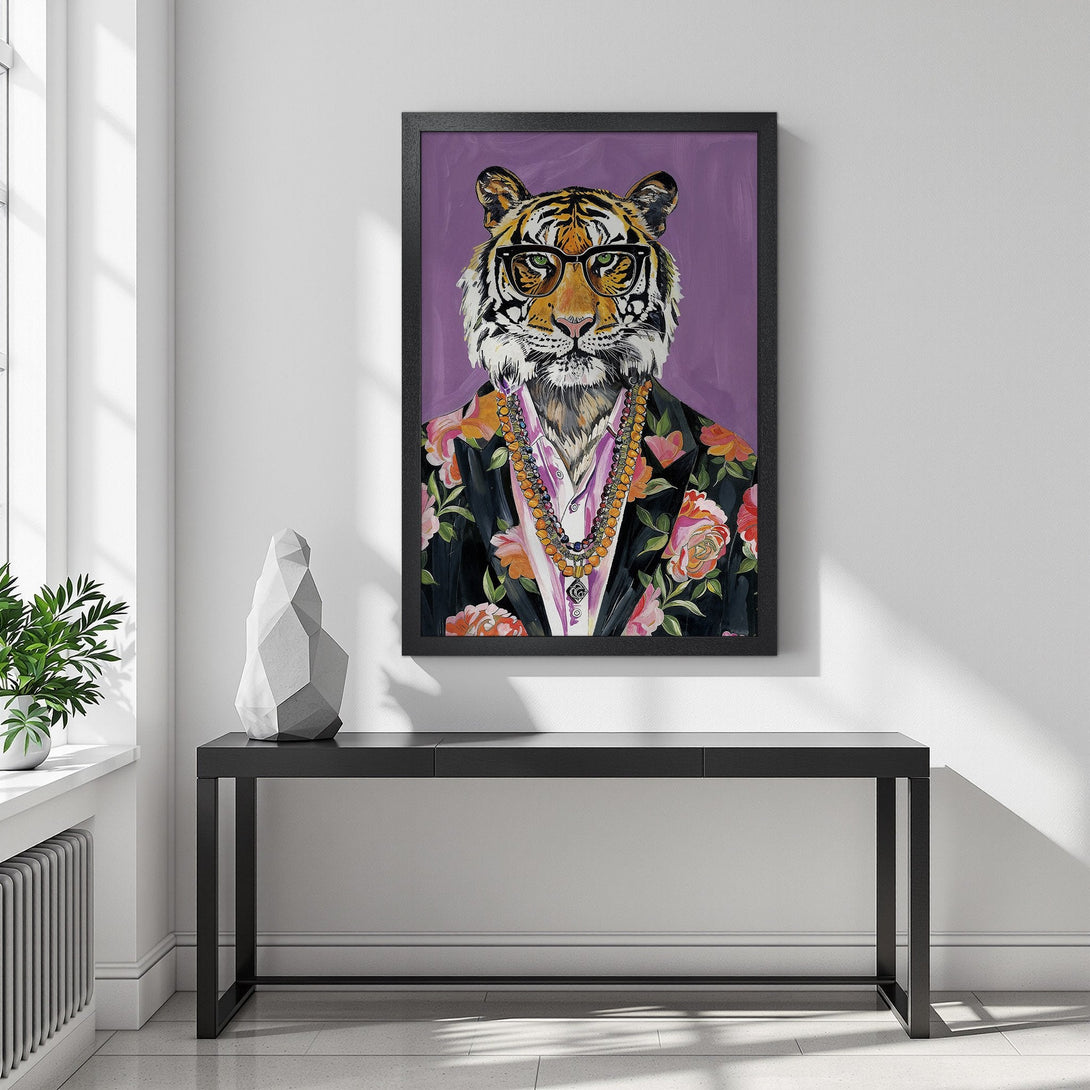 Framed Poster featuring a stylish tiger in a floral suit. Modern art with a purple and black color palette, perfect for home decor.