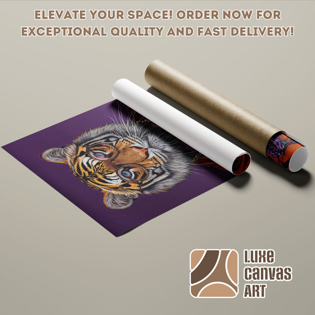 Poster Roll featuring a tiger with glasses, vibrant colors on a purple background. Perfect wall art!