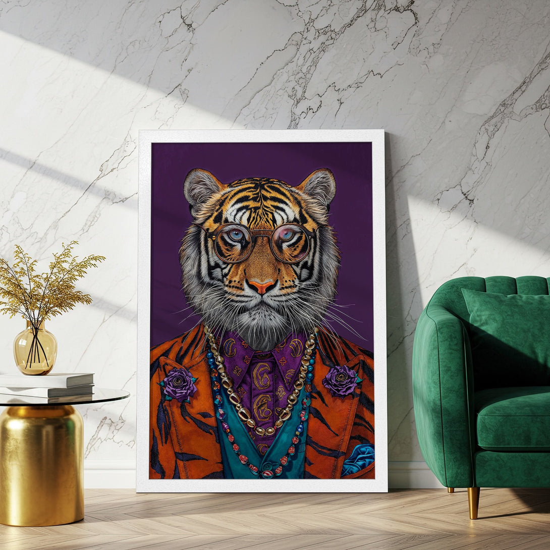 Framed Poster featuring a dapper tiger in a suit, vibrant orange and purple color palette, perfect for adding personality to your space.