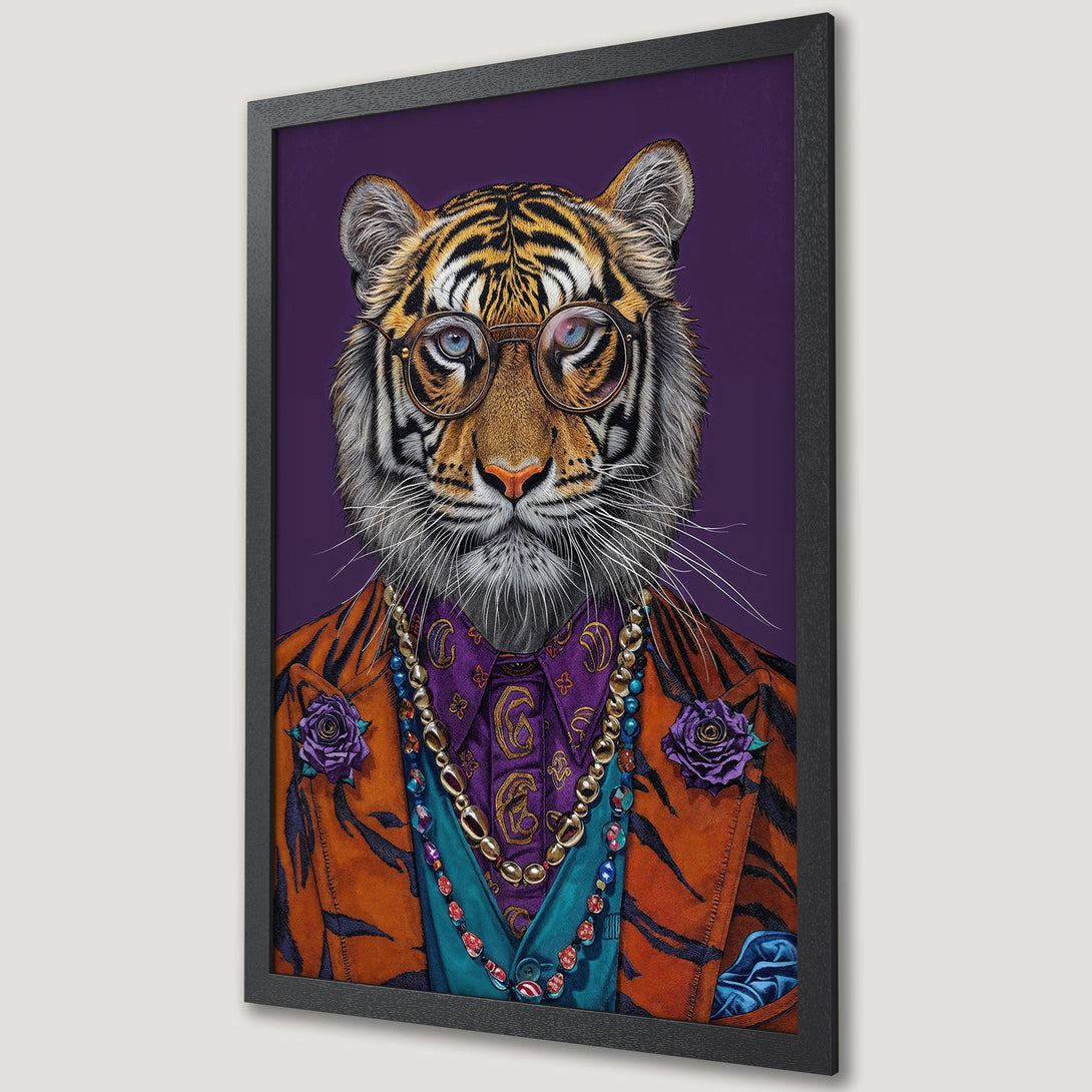 Framed Poster featuring a stylish tiger in a vibrant orange, purple, and teal color palette. Perfect wall art for your home!