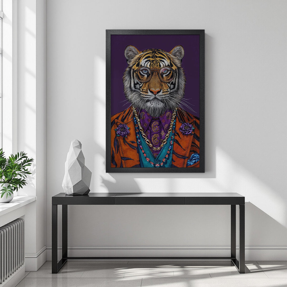 Framed Poster featuring a dapper tiger in a vibrant orange and purple color palette. Add a touch of wild style to your decor!