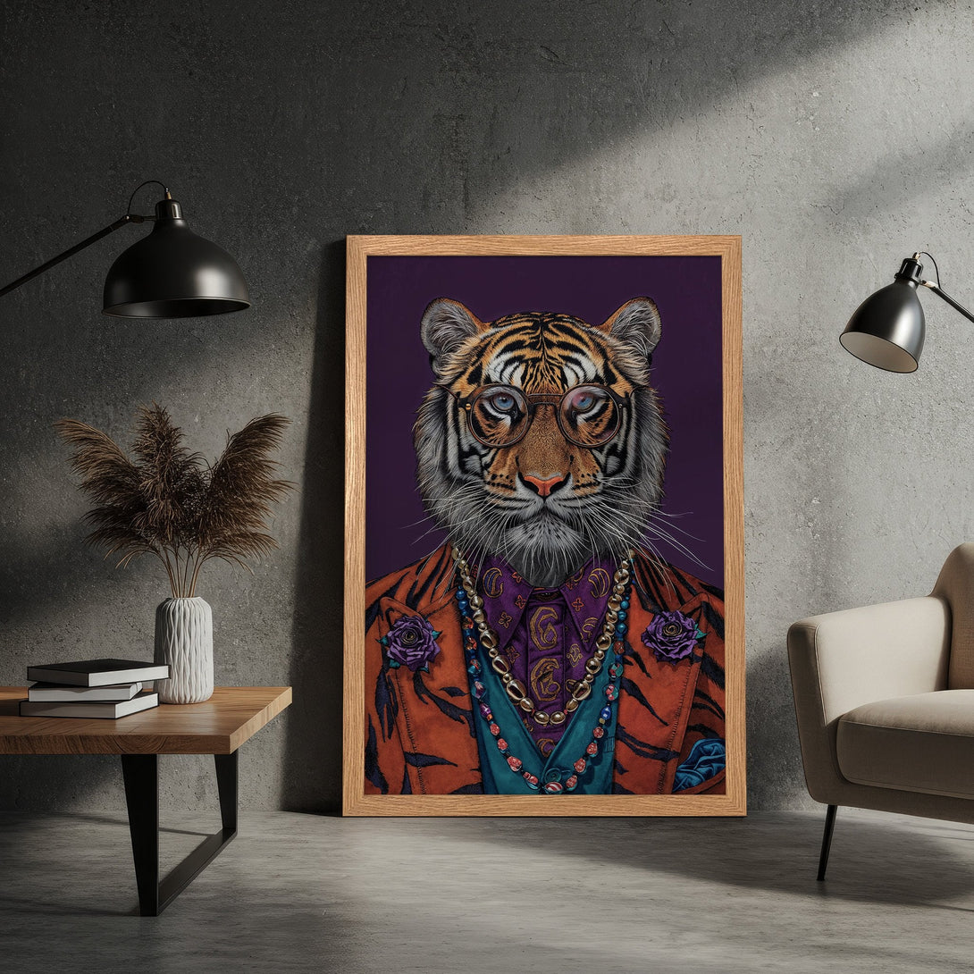 Framed Poster of a dapper tiger in a suit, artistic style, featuring orange, purple, and teal color palette. Add a touch of wild style!