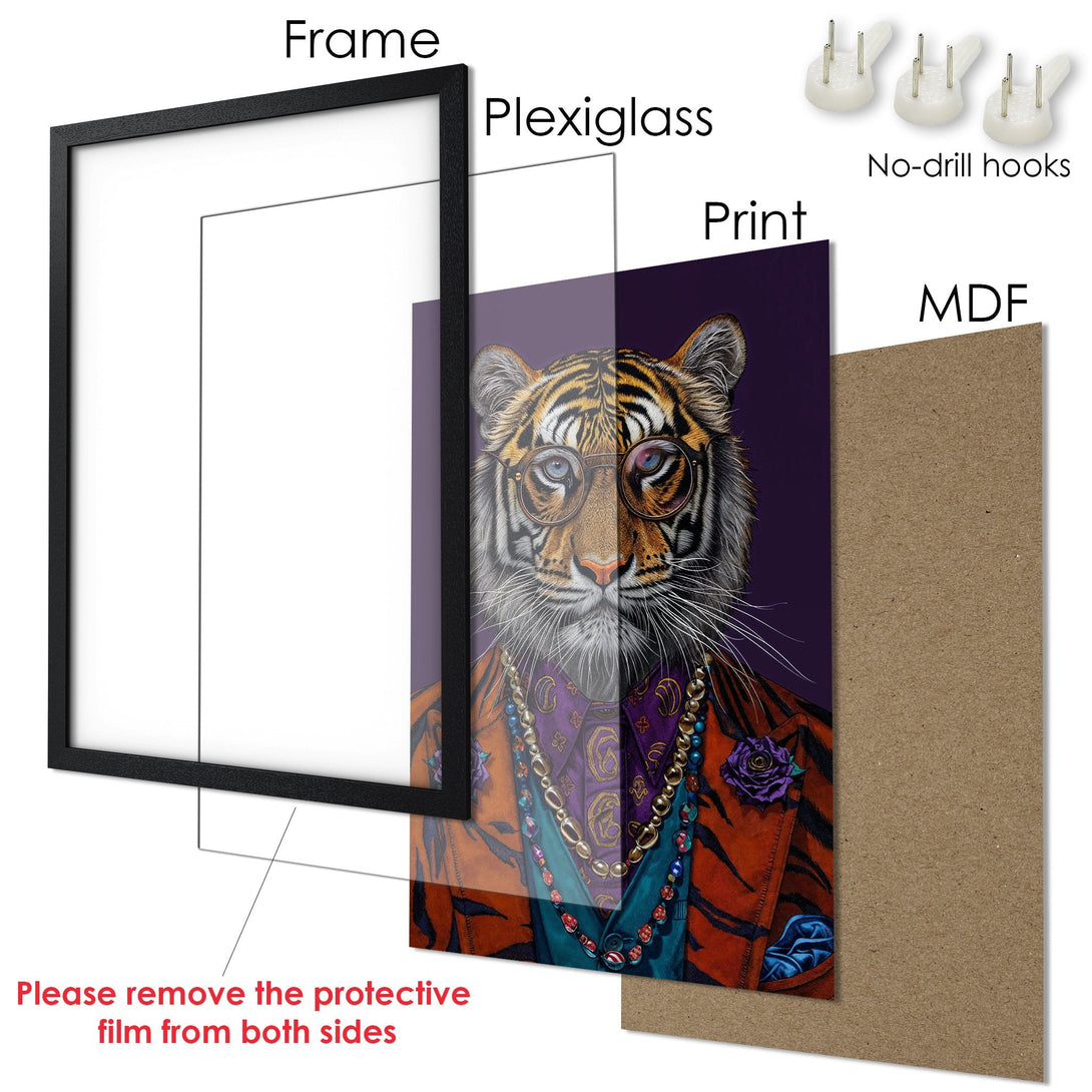 Framed Poster: Stylish tiger portrait art print with vibrant colors. Perfect wall decor for any room. Ready to hang.