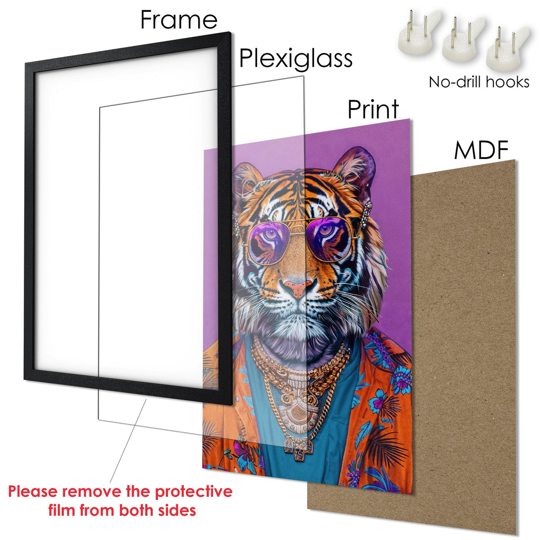 Framed Poster featuring a stylish tiger with sunglasses, vibrant orange, purple, and blue color palette. Perfect wall art!