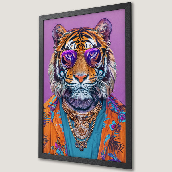 Framed Poster featuring a stylish tiger in sunglasses, vibrant orange, purple, and turquoise color palette, perfect wall art.