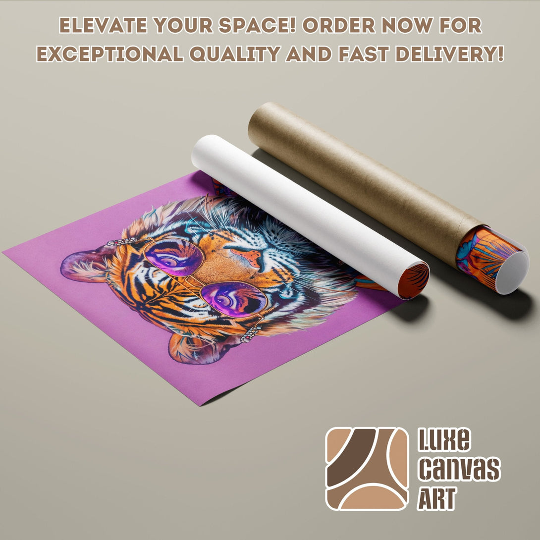 Stylish tiger poster roll art in vibrant purple, orange, and blue. Order your poster today!