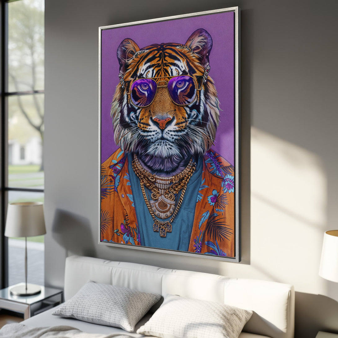 Framed Wall Art of a stylish tiger in sunglasses, orange & blue tropical shirt, and gold jewelry. Purple background, vibrant colors. Perfect for modern decor.