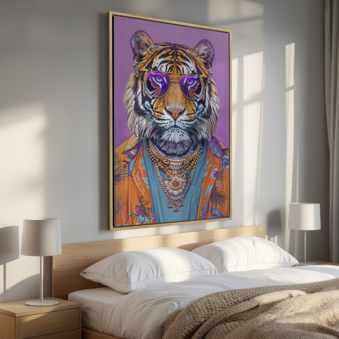 Framed Wall Art: Stylish tiger portrait in a bedroom setting. Vibrant orange, purple, and blue color palette. Unique and eye-catching decor.