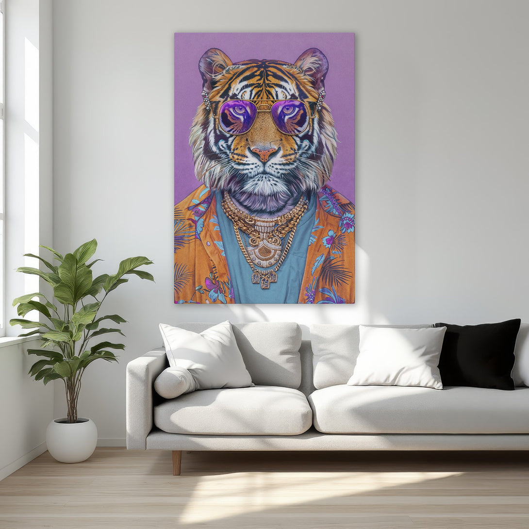 Framed Wall Art: Cool tiger in sunglasses, vibrant purple & orange palette. Add a touch of fun & luxury to your space! Shop now!
