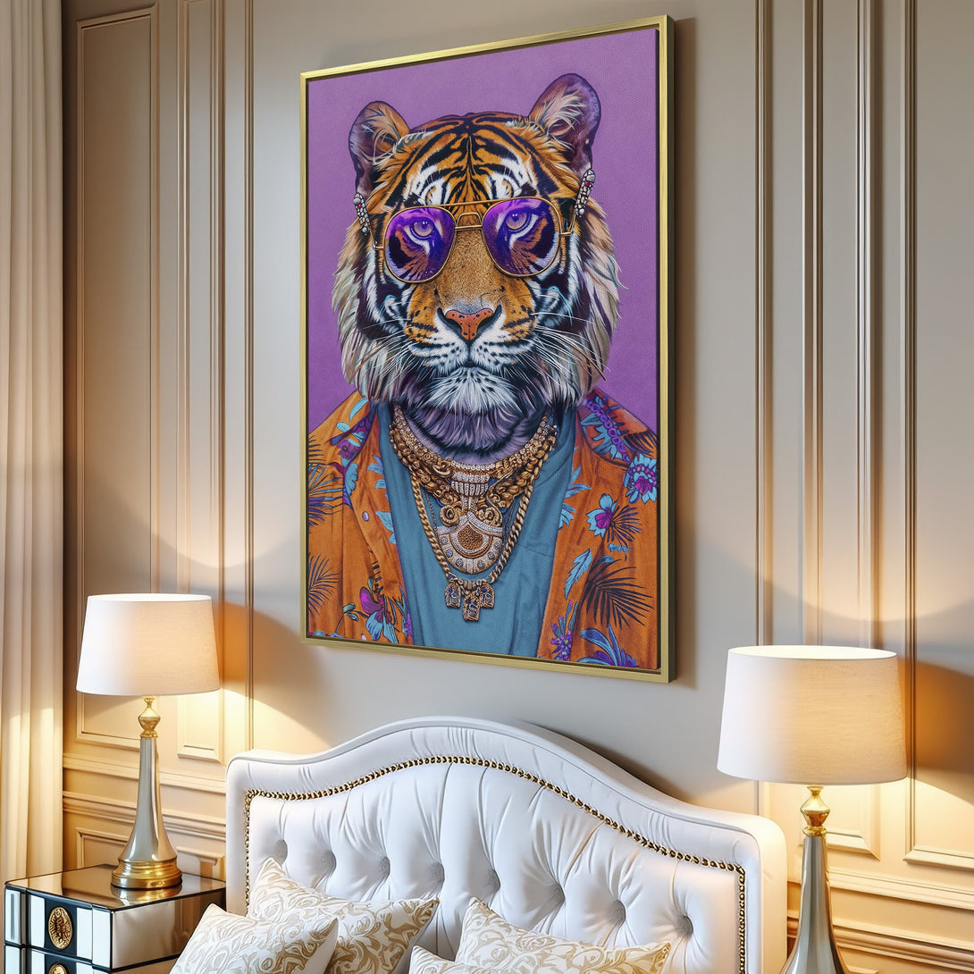 Canvas Print of a cool tiger in sunglasses, vibrant colors, displayed in a modern interior. Perfect wall art for a stylish home.