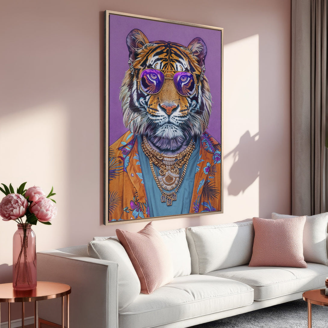 Framed Wall Art featuring a stylish tiger in sunglasses, vibrant colors, and a modern, playful design. Perfect for adding personality to any room!