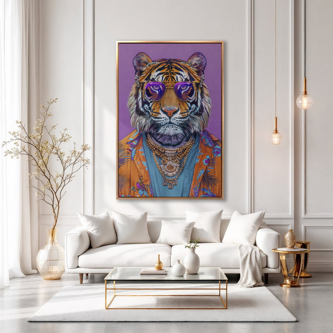 Framed Wall Art of a stylish tiger in sunglasses. Vibrant orange, purple, and gold color palette. Perfect for adding a touch of personality to your home decor.