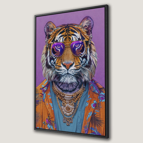 Framed Wall Art of a stylish tiger wearing sunglasses and jewelry. Vibrant orange, purple, and blue color palette. Perfect for adding a unique touch to your decor.