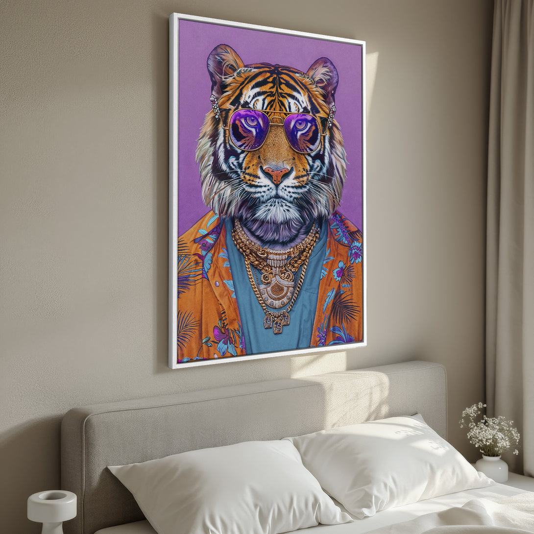 Framed Wall Art: Hipster tiger portrait with vibrant orange, purple, and blue color palette. Add a touch of cool to your space with this unique canvas print!