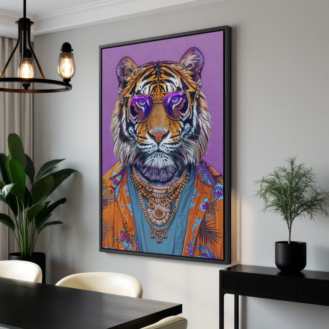 Framed Wall Art: Cool tiger portrait in sunglasses, vibrant orange, purple, and blue palette. Modern art for home decor. Shop now!