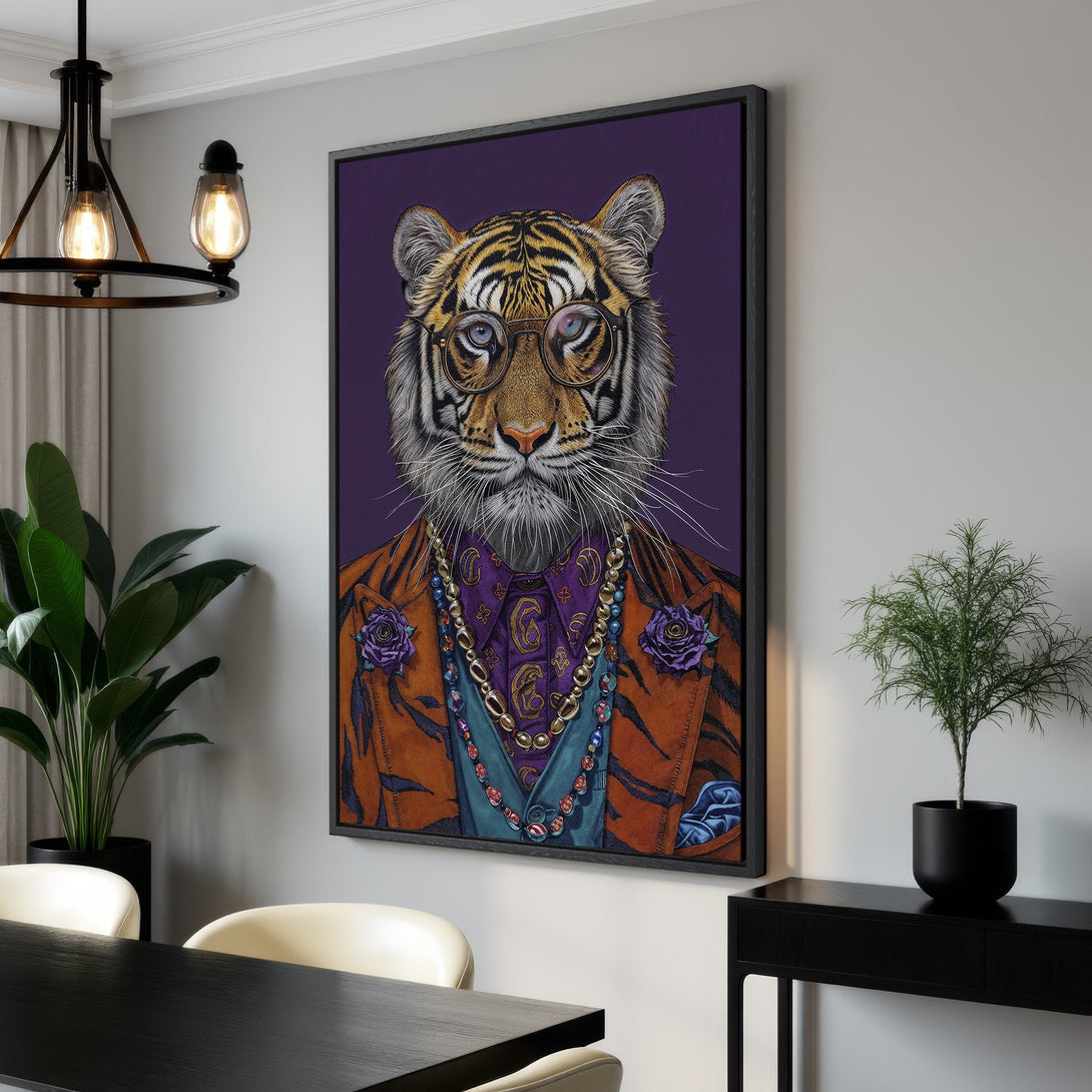 Framed Wall Art: Dapper tiger portrait in vibrant colors, perfect for adding personality to your space. Modern style with a bold purple, orange, and teal palette.