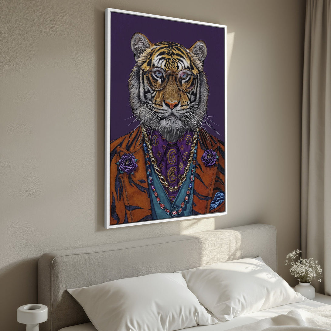 Framed Wall Art featuring a dapper tiger in a suit, vibrant colors. Perfect for modern decor. Shop Canvas Prints today!