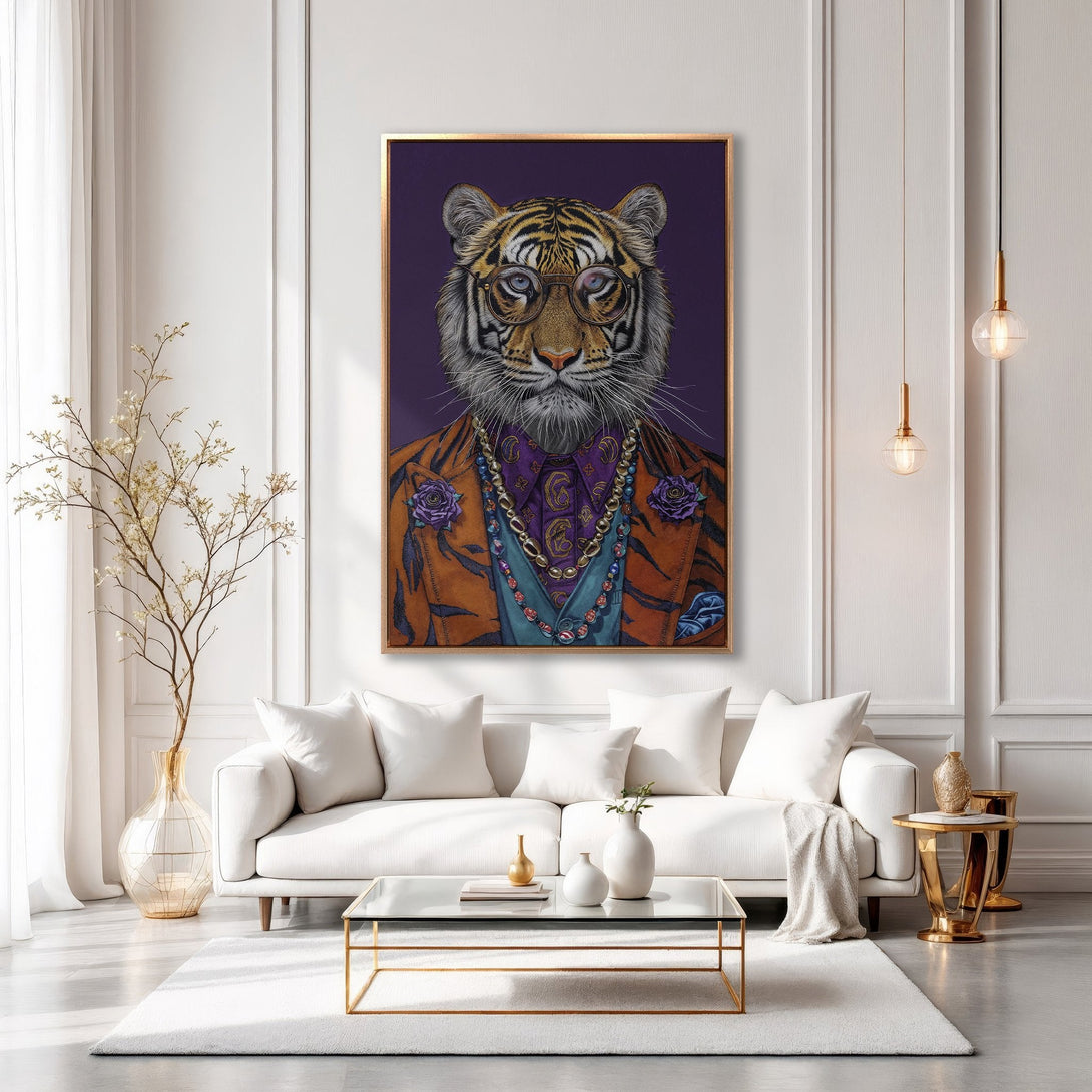 Framed Wall Art: Dapper tiger portrait in a modern interior. Rich colors of orange, purple, and gold create a luxurious and stylish statement piece.