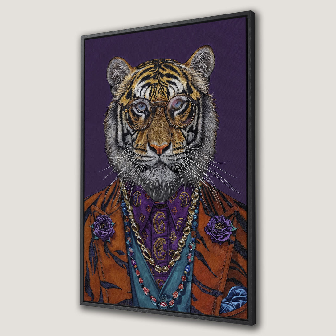 Framed Wall Art: Hipster tiger portrait in orange, purple, and blue. Unique animal art for your home decor. Canvas print with bold style.