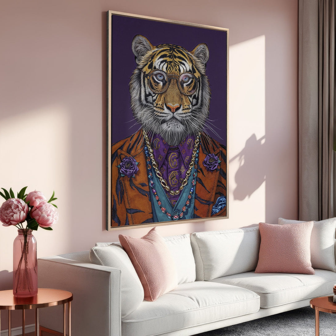 Framed Wall Art: Dapper tiger portrait in a modern interior. Warm color palette with pink, orange, and purple tones. Unique animal art for your home.