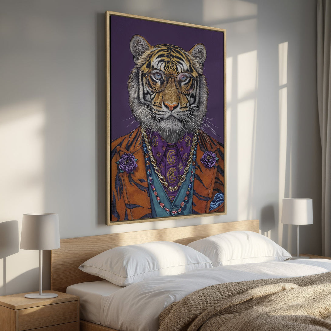 Framed Wall Art: Dapper tiger portrait in a bedroom. Bold orange, purple, and teal color palette. Modern art for a stylish home.