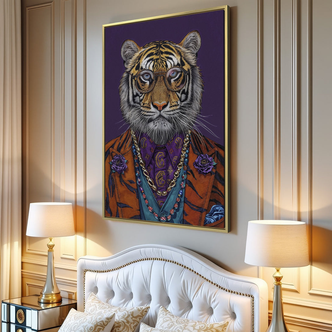 Canvas Print featuring a dapper tiger in a suit, vibrant orange, purple, and blue color palette, perfect for adding personality to your space.