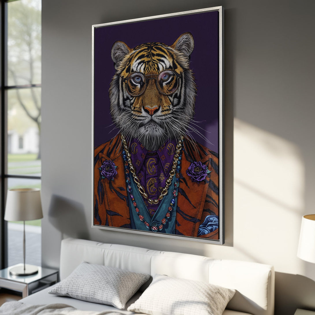 Framed Wall Art featuring a dapper tiger in a stylish outfit, set against a purple background. Rich orange, purple, and blue color palette for a bold statement.