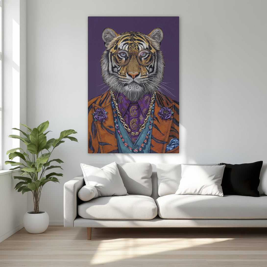 Framed Wall Art: Dapper tiger portrait in a gold frame. Bold, colorful artwork with purple, orange, and teal tones. Perfect for adding personality to any room.