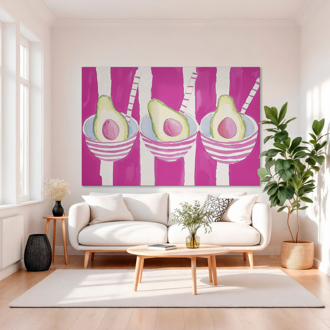 Framed Wall Art: Whimsical avocado print in pink, green, and white. Modern, colorful artwork adds a pop of style to any space. Perfect for kitchen or dining room decor.